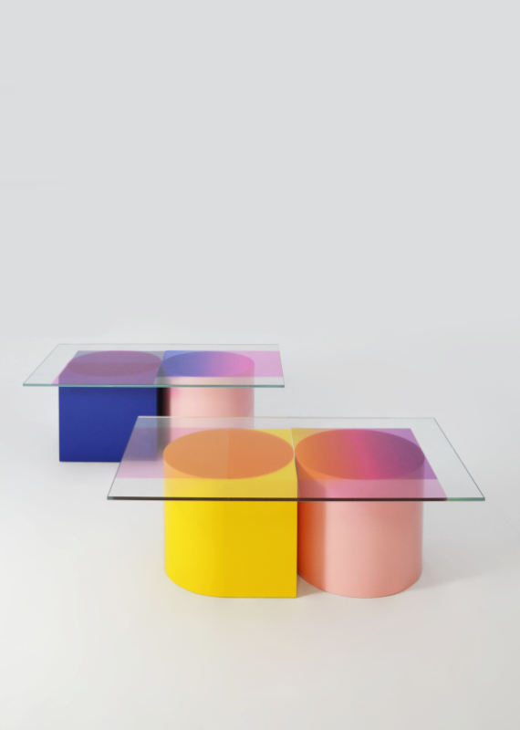 Design forward and beautiful low table for your home interior. COMPOSITION is a low table where the transparant colours of the glass top become more saturated or change colour where they overlap the base. The graphic design of the glass top follows the geometric shapes of the base. Colorful lowtable with a contemporary design. Available in various color combinations. Shipping worldwide. Made to order. A design that adds value to every modern and contemporary home and interior.