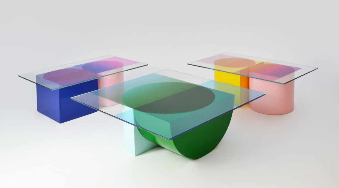 Design forward and beautiful low table for your home interior. COMPOSITION is a low table where the transparant colours of the glass top become more saturated or change colour where they overlap the base. The graphic design of the glass top follows the geometric shapes of the base. Colorful lowtable with a contemporary design. Available in various color combinations. Shipping worldwide. Made to order. A design that adds value to every modern and contemporary home and interior.