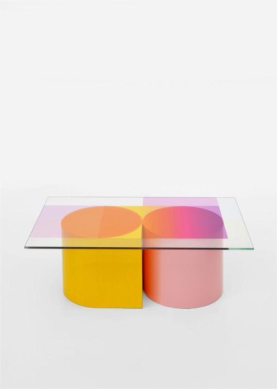 Design forward and beautiful low table for your home interior. COMPOSITION is a low table where the transparant colours of the glass top become more saturated or change colour where they overlap the base. The graphic design of the glass top follows the geometric shapes of the base. Colorful lowtable with a contemporary design. Available in various color combinations. Shipping worldwide. Made to order. A design that adds value to every modern and contemporary home and interior.